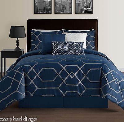 Hampton Navy Blue King Size Bed 7pc Jacquard Grey Geometric Mod Comforter Set Sets Bedding Comforter Sets Bedding, Navy Blue Bedding Sets King