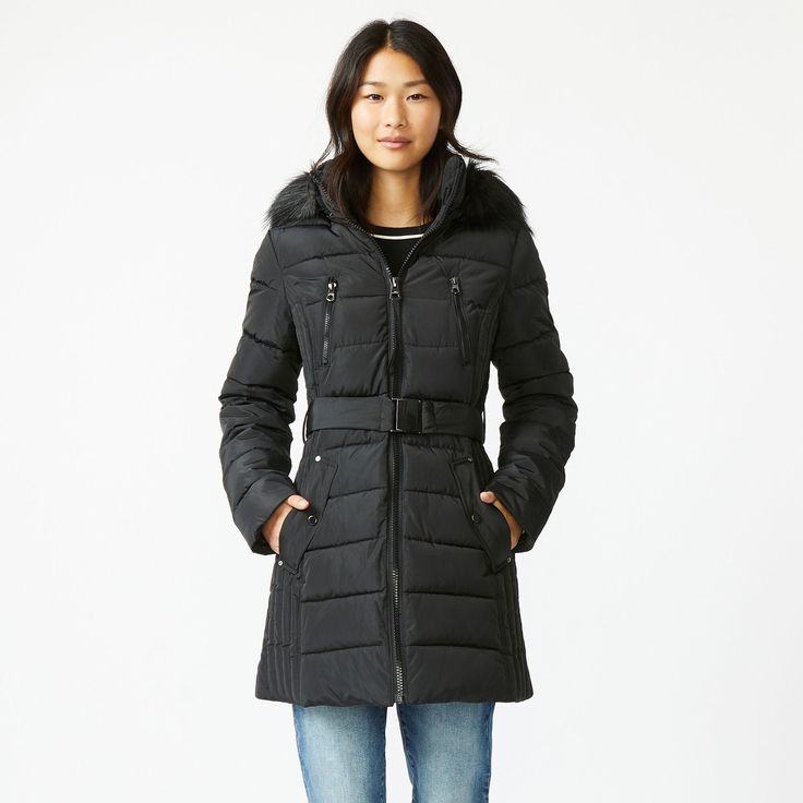 Faux Fur Trim Hooded Belted Puffer Coat Women S Coats Faux Fur Trim Hooded Belted Puffer Coat, Black Faux Fur Hooded Belted Puffer Coat