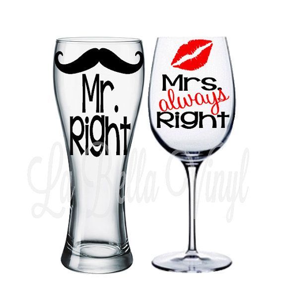 Mrs Always Right Set of Two Hand Painted 340ml Wine Glasses by Memories-Like-These UK Red Mr Right