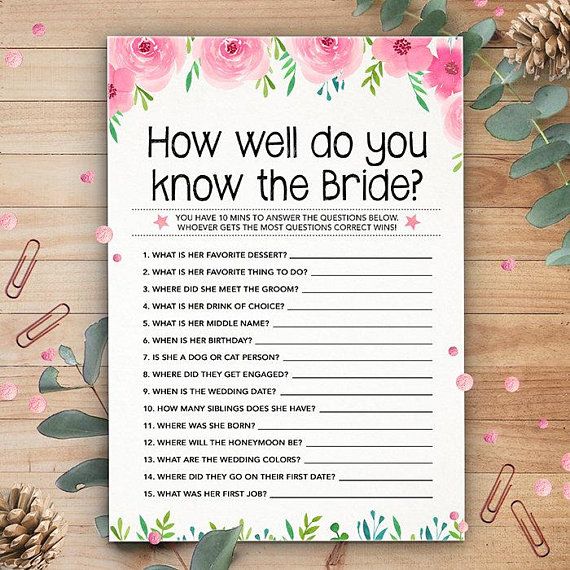 Printable Game INSTANT DOWNLOAD Black White and Pink Watercolor Flowers How Well Do You Know the Bride? Bridal Shower Game
