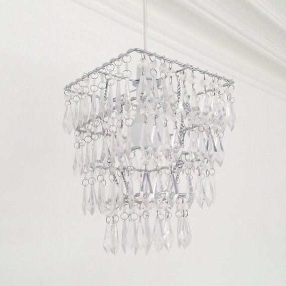 Pink & Clear Beaded Chandelier with White Shade. Pink & Clear Beaded Chandelier with White Shade.
