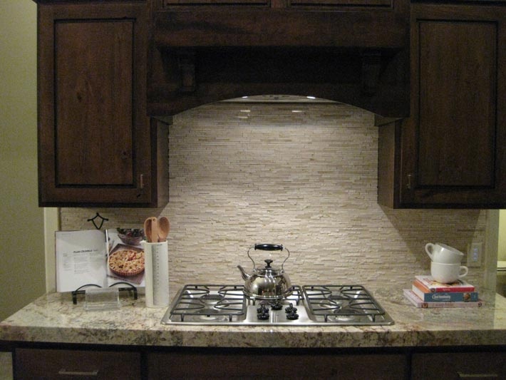 Stone Backsplash Dark Cabinets love the dark cabinets, light countertop and stone backsplash Stone Backsplash Dark Cabinets love the dark cabinets, light countertop and stone backsplash