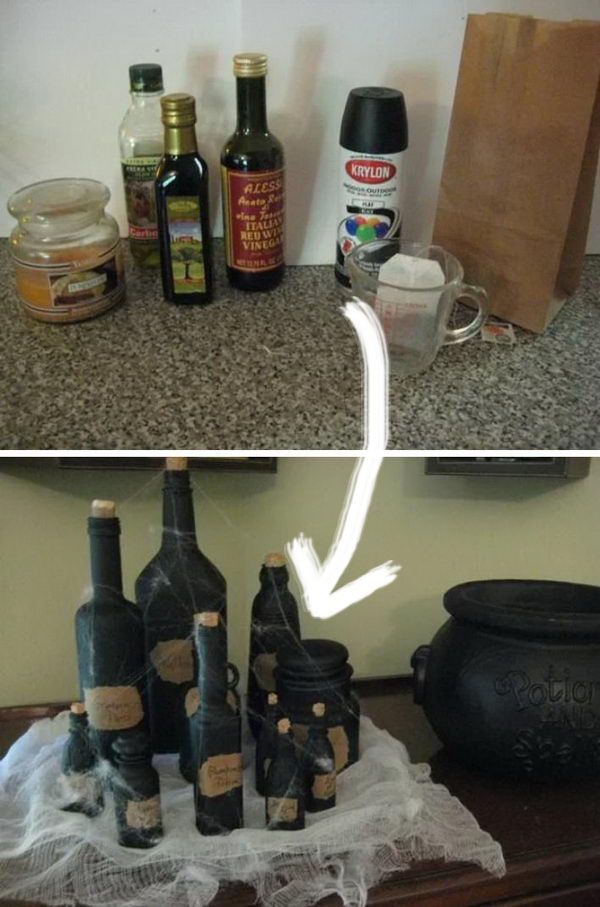 Empty Condiment Bottles Spray Painted Black to Look Like Witches Potions.