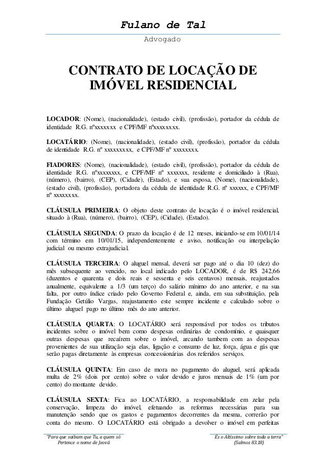 Modelo de Contrato de Aluguel Residencial para Imprimir