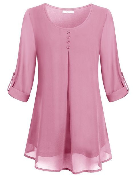 Women's Roll-up Long Sleeve Round Neck Layered Chiffon Flowy Blouse Top - Pink - CY189Y0E2RE