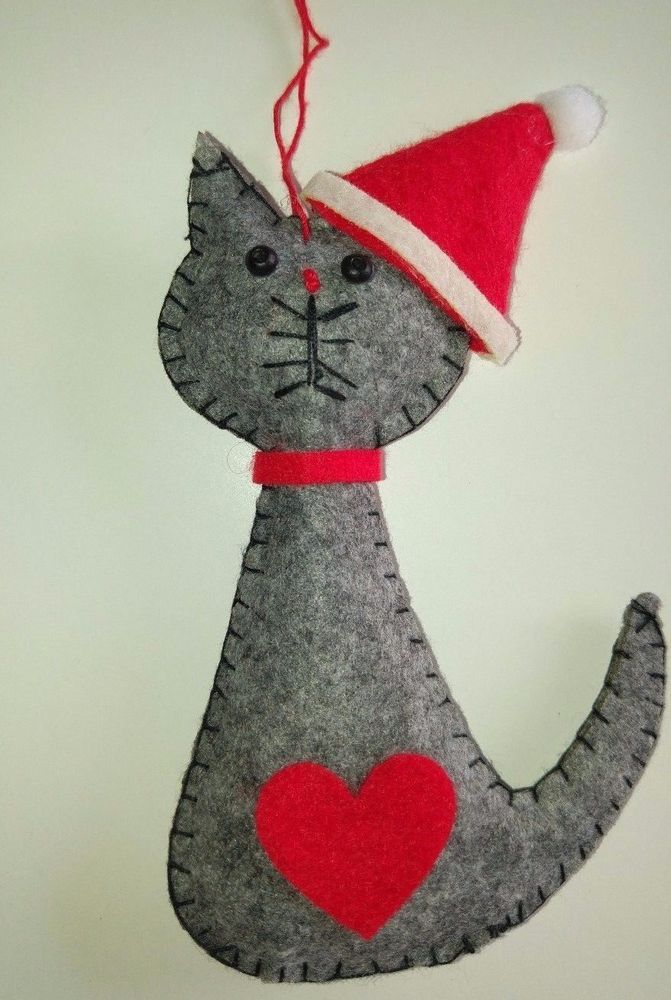 Awesome Felt Christmas Craft Ideas Part - 10: GREY SANTA CAT Felt Christmas Tree Decoration LOVE HEART NEW