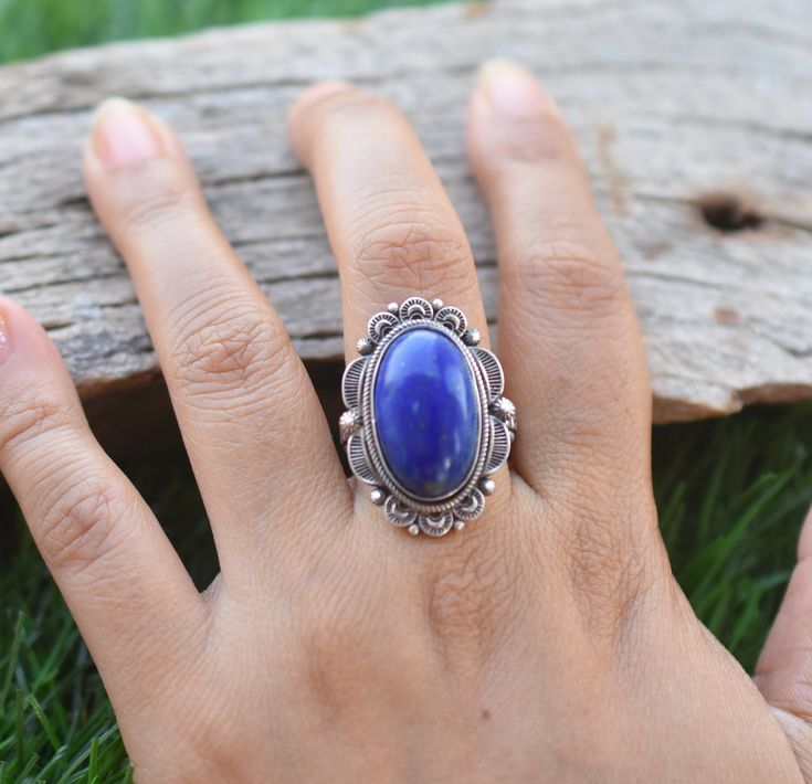 925 Sterling Silver Ring Natural Lapis Lazuli Women Rings Gift Jewelry All Size