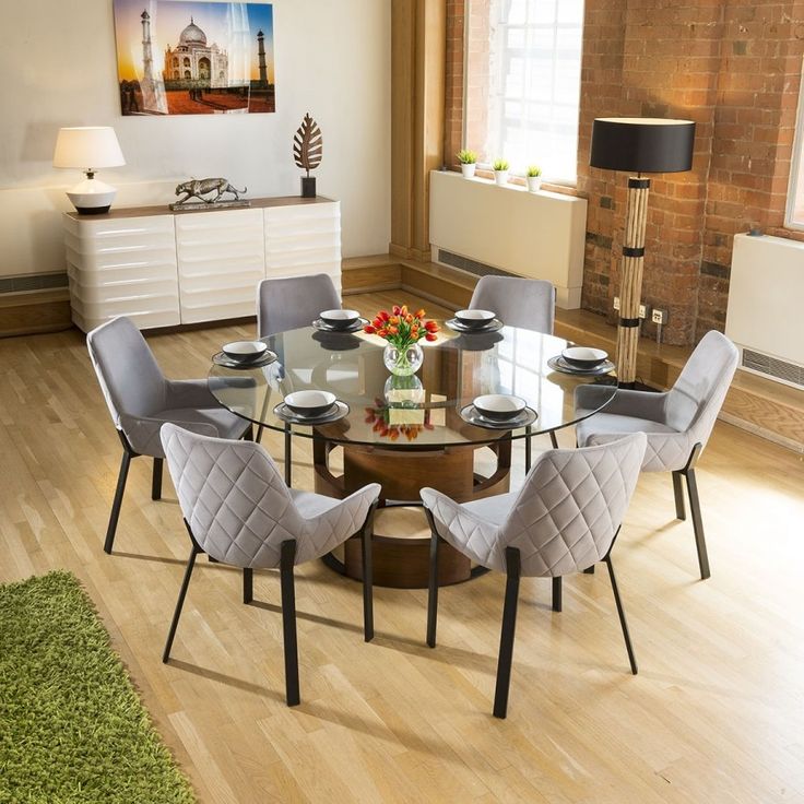 Huge Round Glass Top Walnut Dining Table Set 6 Light Grey Chairs Room Glass Round Dining Table, Large Round Glass Dining Table Seats 6