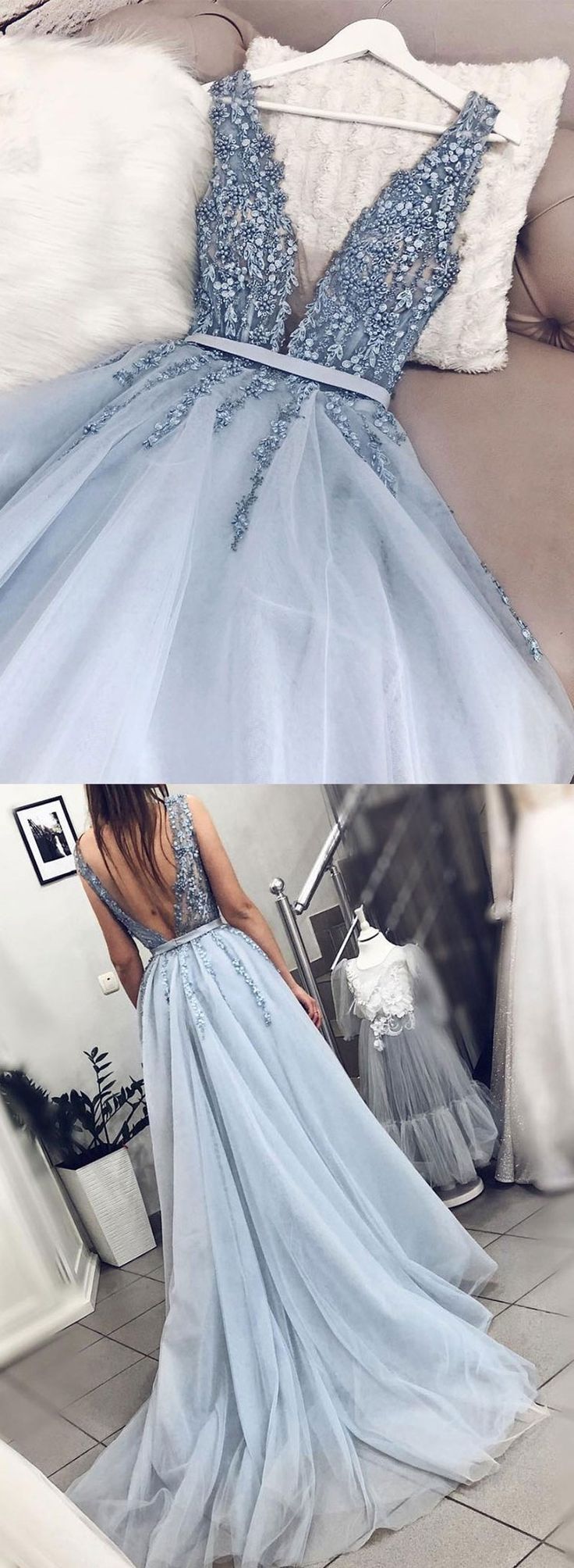 Blaues V-Ausschnitt Tüll Perlen langes Abendkleid, Abendkleid - trendy - #Abend...