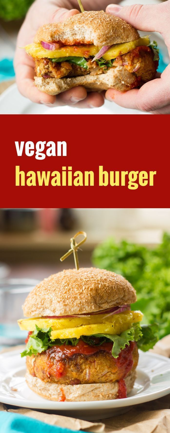 Sweet potato and red bean patties are pan-fried and topped with tangy barbecue sauce and juicy pineapple slabs to create these flavorful and satisfying vegan Hawaiian burgers.