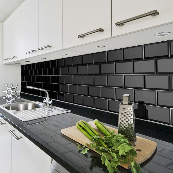 10x20cm Metro Black Gloss Bevelled Brick tile in 2021 Kitchen wall