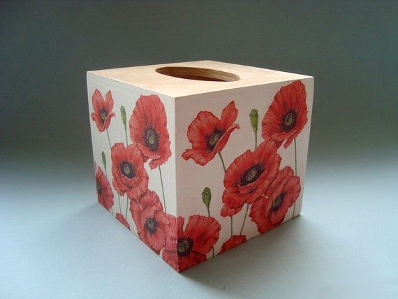 Red Poppy Tissue Box Cover Holder square wooden handmade decoupaged uk