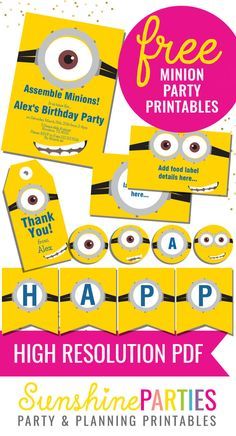 FREE Minion Party Printables - enjoy the invitation, birthday banner, food labels and party favors - all free! Check out our website for a 'how to' video - just download, personalize and print!