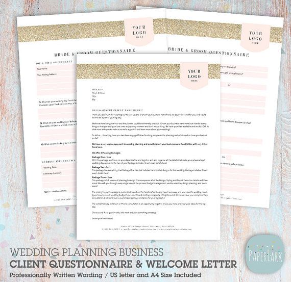 Designed specifically for a Wedding Planning Business These clean and elegantly designed templates will set you up for business and give you a professional first impression with your clients. All content is written for you, so you can rest assured you have everything covered. All text is editable. This template is an *INSTANT DOWNLOAD* :::: INCLUDES ::: • 2 page Client Questionnaire. A fully comprehensive questionnaire to get to know your client, their ideas and dreams for their big day • 1...