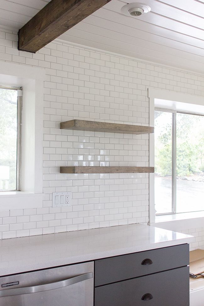 White Subway Rustic Floating Shelves Beams Kitchens Pinterest White Subway Rustic Floating Shelves Beams Kitchens Pinterest Brick Tiles Bead Board Ceiling And