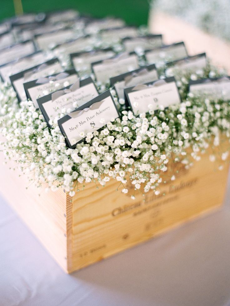 Babys Breath In Wine Boxes With Place Cards On Babys Breath In Wine Boxes With Place Cards On