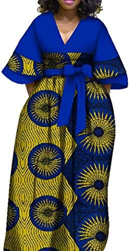 New BintaRealWax Womens Bell Sleeve African Maxi Dress V Neck Tie...