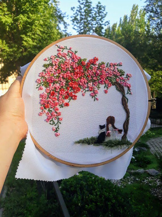 Bild Mädchen mit schwarzer Katze Kirschblüten Hand Stickerei Kunst Dekor 3d Bi...