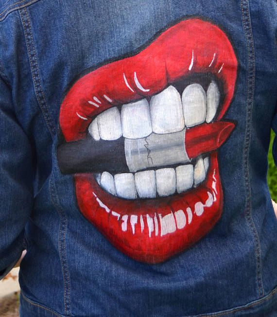 Lips Biting Mac Lipstick Custom Denim Jacket Hand Painted Custom