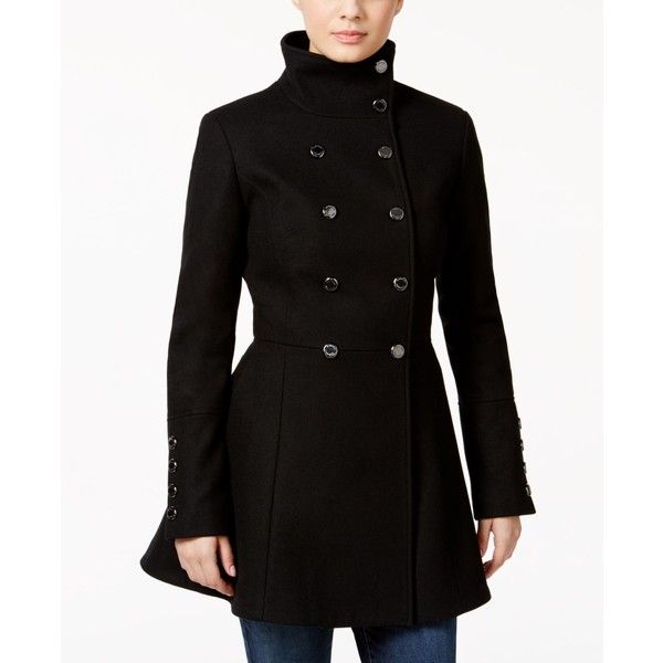 Calvin Klein Double Ted Wool Blend Skirted Swing Coat 160 Liked On Polyvore Featuring Outerwear Coats Black W Jackets Women Swing Coats Coat Jackets, Swing Peacoat White And Black