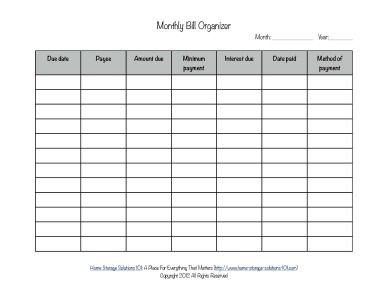 printable monthly bill organizer to make sure you pay bills on time