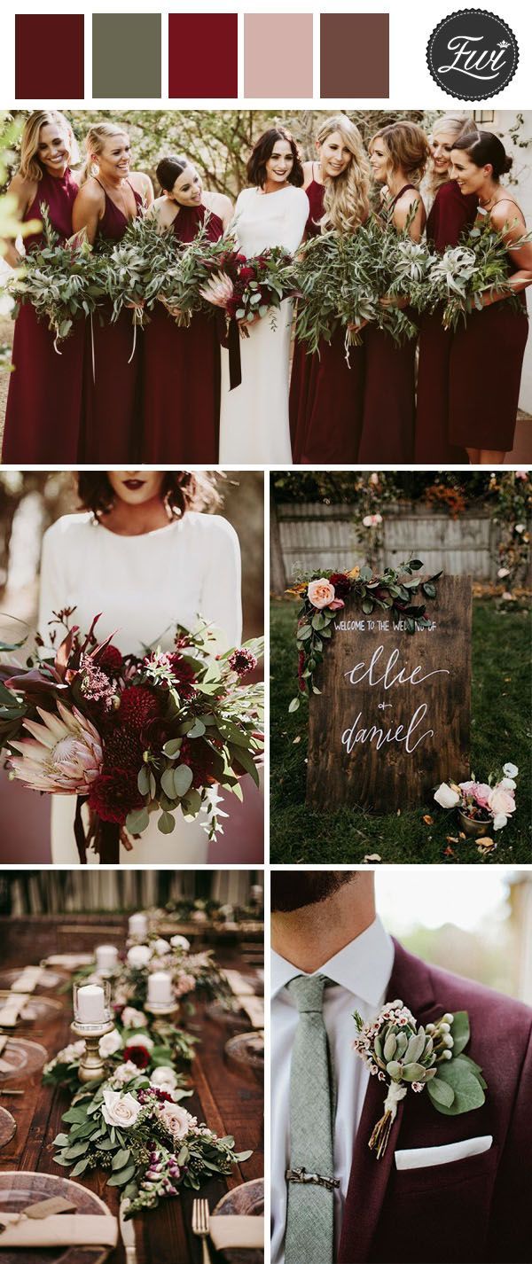 the wedding color palette is burgundy and green