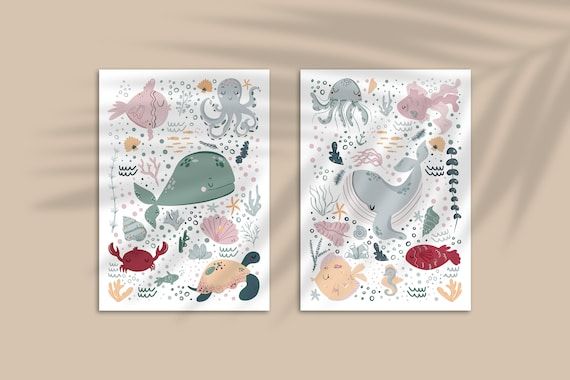 Ocean Underwater Sea Fish A4 A3 A2 Wall Art Illustration Whale Print Kids Nursery Decor