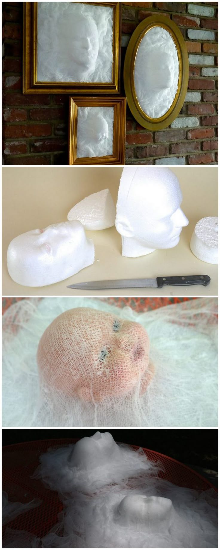make a spooky diy ghost wall art gallery using styrofoam heads or dolls heads add layers of cheesecloth and heavy duty spray starch