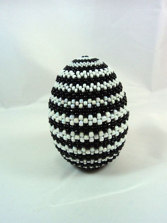 Handmade Beaded Easter Egg Black & White Stripe Peyote Stitch Goose Egg - #beade...