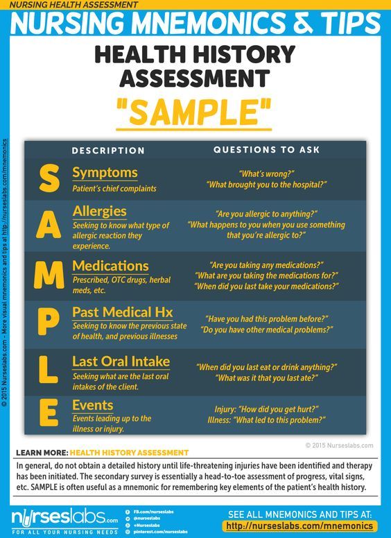 Health History Assessment: “SAMPLE” In general, do not obtain a detailed history until life-threatening injuries have been identified and therapy has been initiated. The secondary survey is essentially a head-to-toe assessment of progress, vital signs, etc. More nursing mnemonics at: http://nurseslabs.com/nursing-health-assessment-mnemonics-tips/