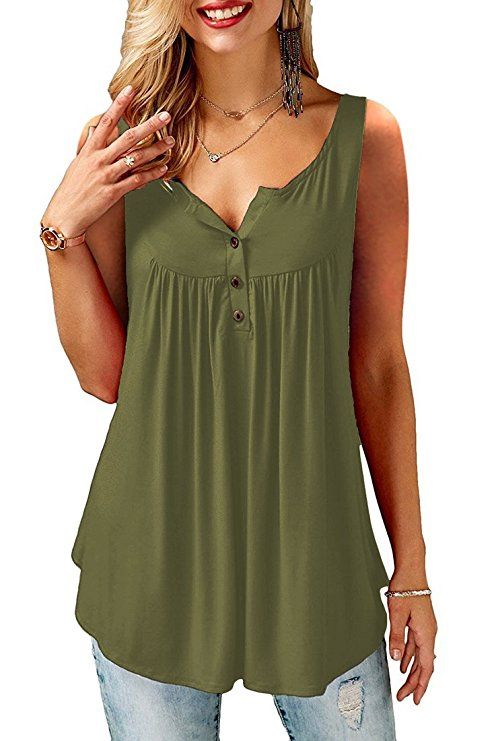MIROL Womens Summer Sleeveless V Neck Solid Color Casual Swing Shirts Flowy Tank Tops Blouses with Buttons