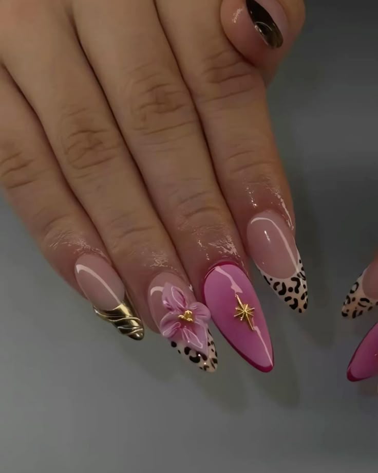 pink cheetah nails Y2k Almond Cheetah Tip Nails