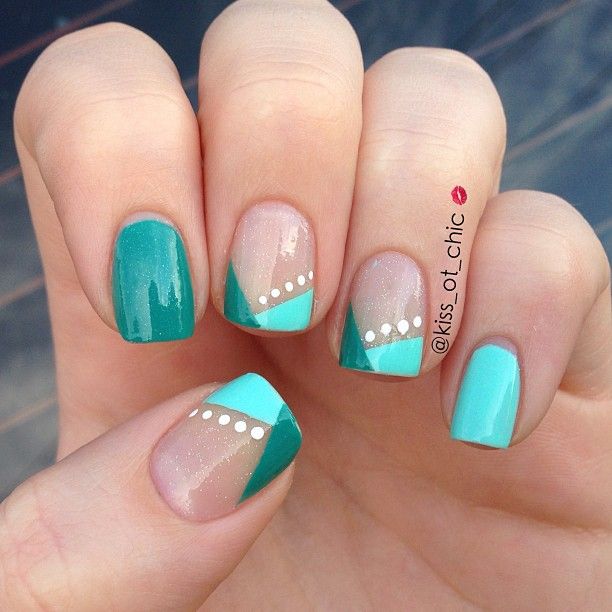 Two Color Variation On, Or Updated Version Of French Manicure Tips Two color variation on, or updated version of French Manicure tips, polka dots, color blocking, Teal Green, White Easy idea for free hand … | Nail art in ... - Two Color Variation On, Or Updated Version Of French Manicure Tips