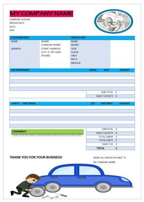 garage repair invoice templates garage invoice template