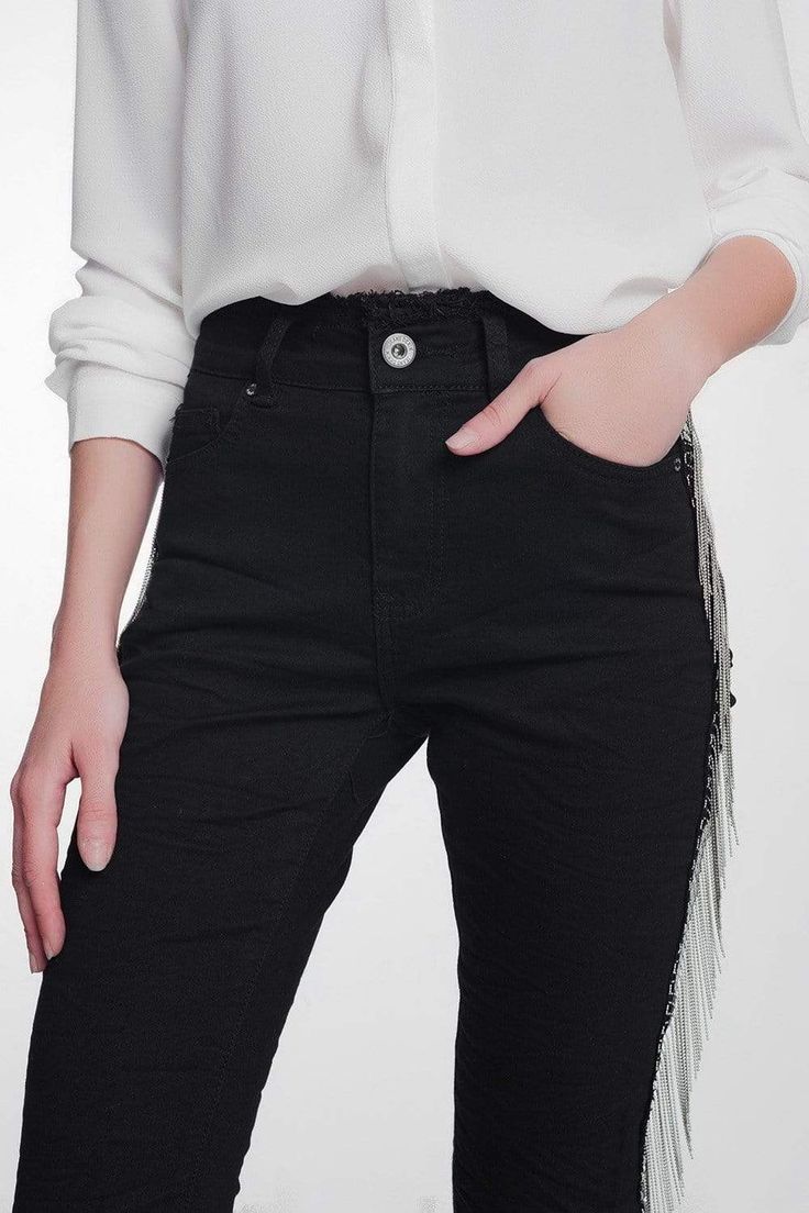 Black Skinny Jeans With Side Fringe Adornment In 2021 Black Skinnies Black Skinny Jeans Skinny Jeans