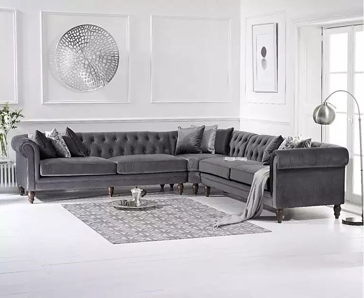 Limoges Velvet Corner Sofa Living Room Grey Limoges Velvet Corner Sofa, Chesterfield Corner Sofa Grey Velvet