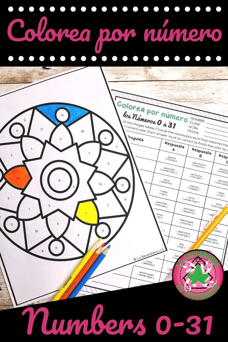 Spanish Color by Number Numbers 0 31 Colorea por número Spanish