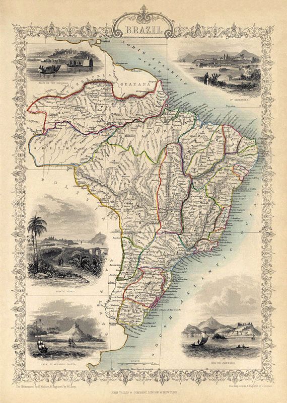Vintage Map Of Brazil Old Map Reproduction Brazil Map Print On