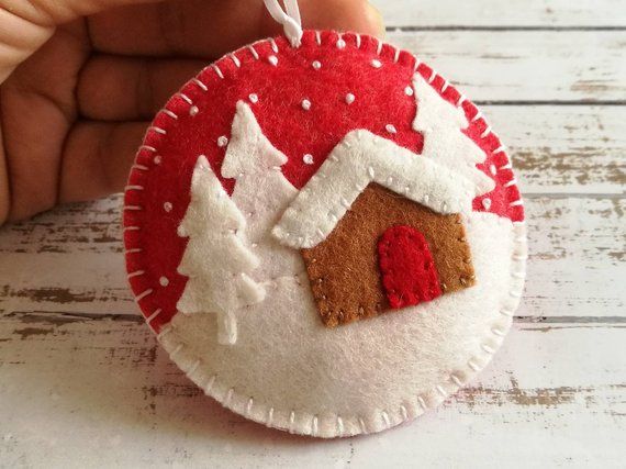 Felt Christmas ornament - Winter landscape, Christmas village ornament, Gingerbread house, tree decoration, gift topper