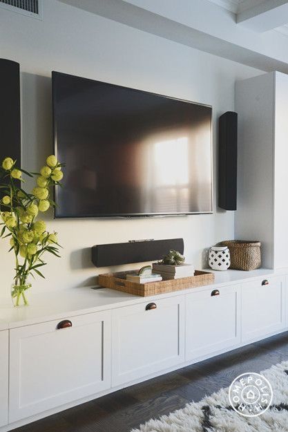 White Built In With Shaker Style Cabinets Under The Wall Mounted Tv White Built In With Shaker Style Cabinets Under The Wall Mounted Tv This Room Has Some Serious Surround Sound Decorate A Media Console