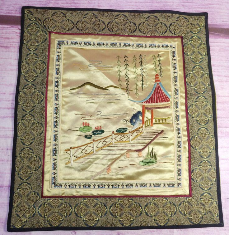 Embroidered silk panel art embroidery Asian-inspired decorative panel birds in a flowering tree