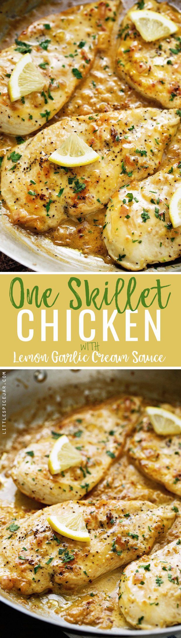 One Skillet Chicken topped with A Lemon garlic Cream Sauce - Ready in 30 minutes...