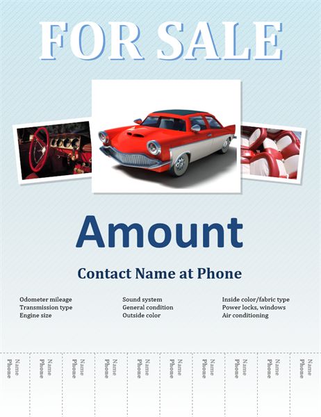 Sell your car using this flyer template. The template has diagonal light blue stripes, placeholders for three pictures, and tear-off strips for phone numbers.