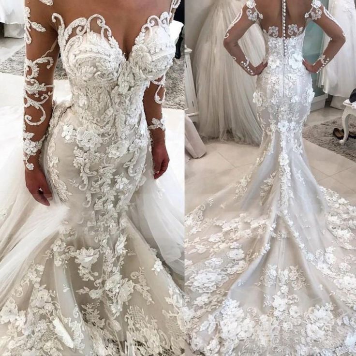 Luxury Mermaid Wedding Dress With 3d Flowers Sheer Neck Vestido De Novia Long Sleeves Plus Size Bridal Gowns