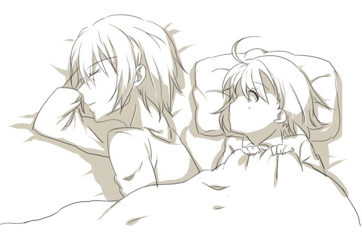 Anime couple cuddling in bed