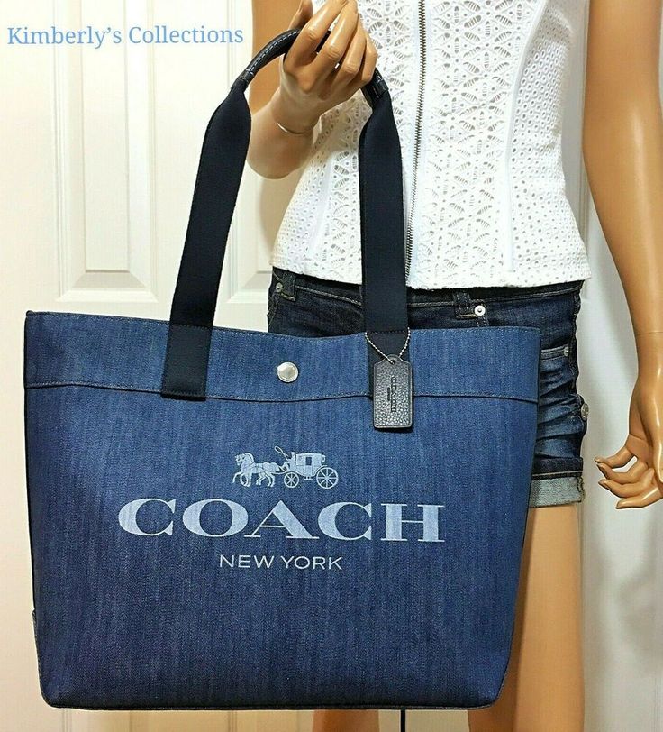 COACH Handbag Blue Denim Tote Large HORSE & CARRIAGE Logo Shoulder