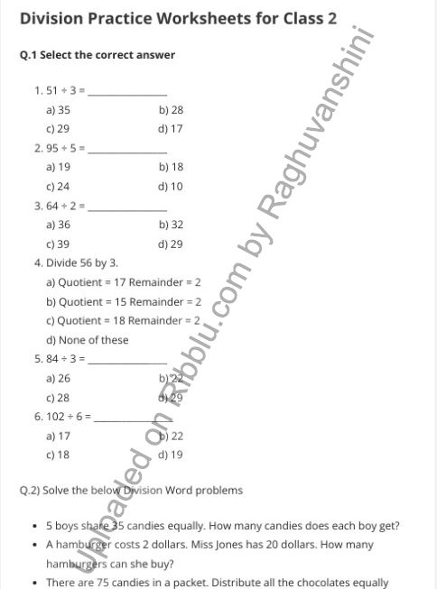 The Division Practice Worksheet For Class 2 cbse-class-2-maths-practice-worksheets-on-money