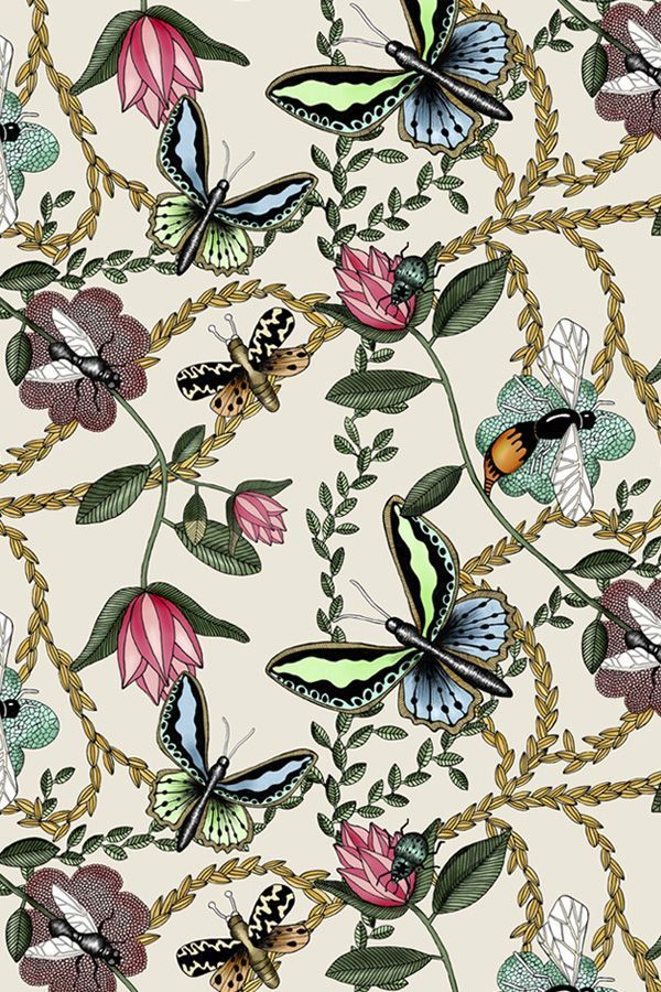 Removable Water-Activated Wallpaper Butterfly Green Floral Garden Botanical Removable Water-Activated Wallpaper Butterfly Green Floral Garden Botanical