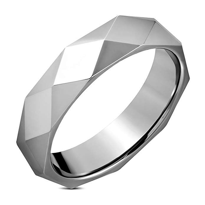 Tungsten Carbide Faceted Dome Pyramid Comfort Fit Half-Round Band Ring
