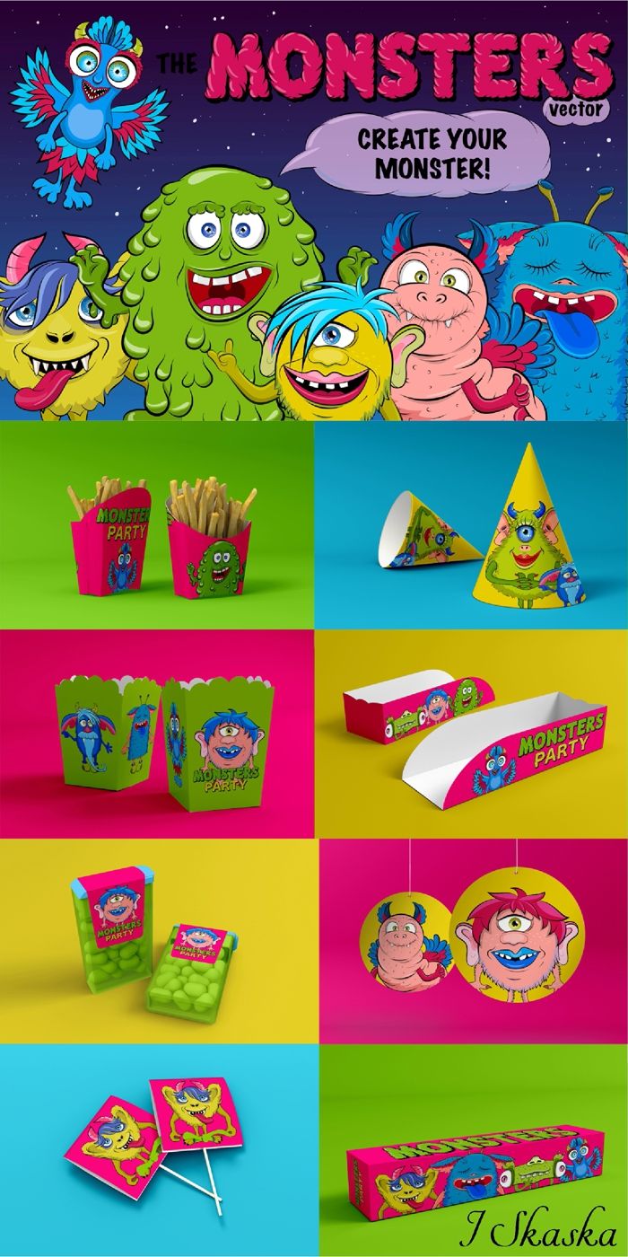 Set to create monsters. Monsters can be created in a vector format. For each monster I have prepared a set of eyes, noses, mouths, ears, hair, hands and feet. You can drag and drop to change elements of the body of the monster as you like. You can also get unlimited and great designs using monsters together. Perfect for your craft projects, paper products, invitations, stationery, scrapbooking, web designs, stickers and many more! $15